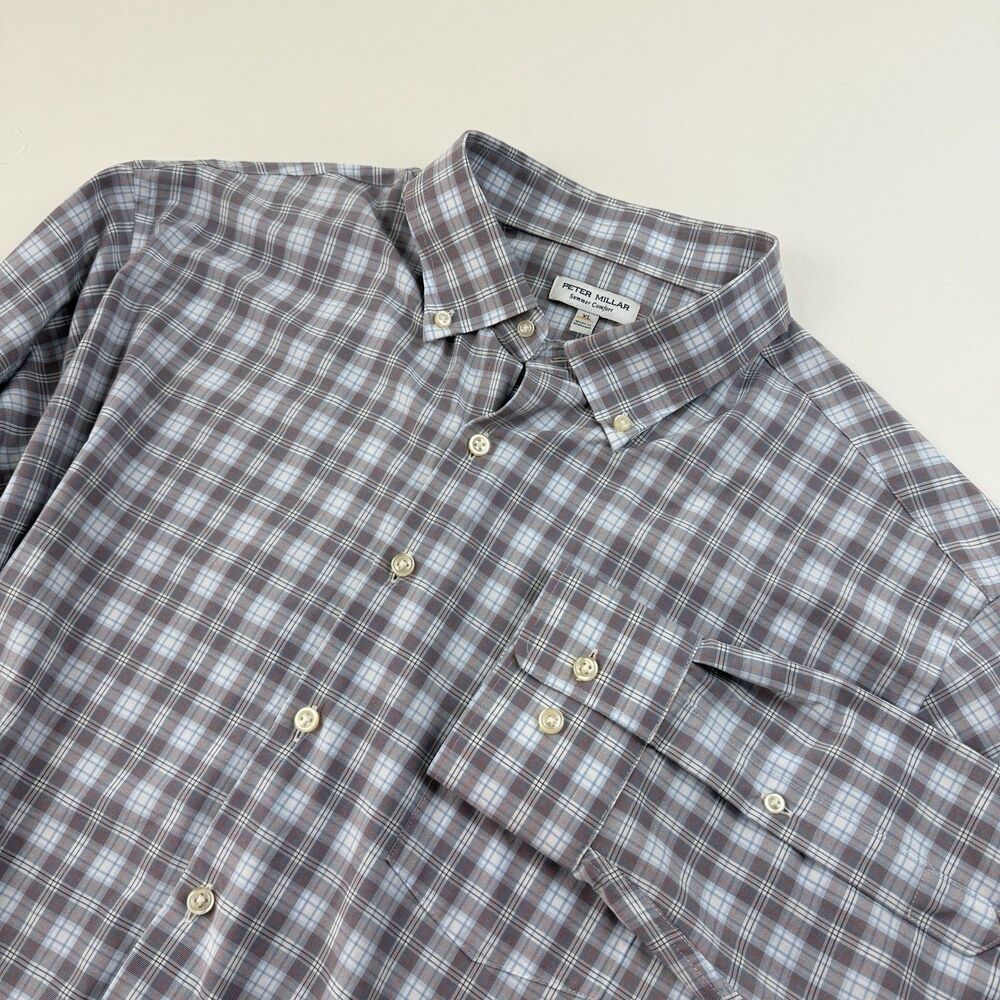 Peter Millar Summer Comfort Mens XL Long Sleeve Plaid Shirt Button Down Stretch